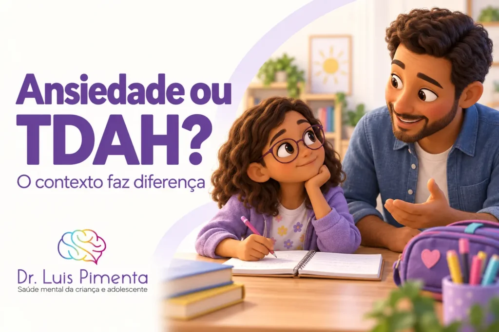 Ansiedade ou TDAH?. Ilustração 3D de uma menina de óculos conversando com seu pai durante uma atividade com caderno.