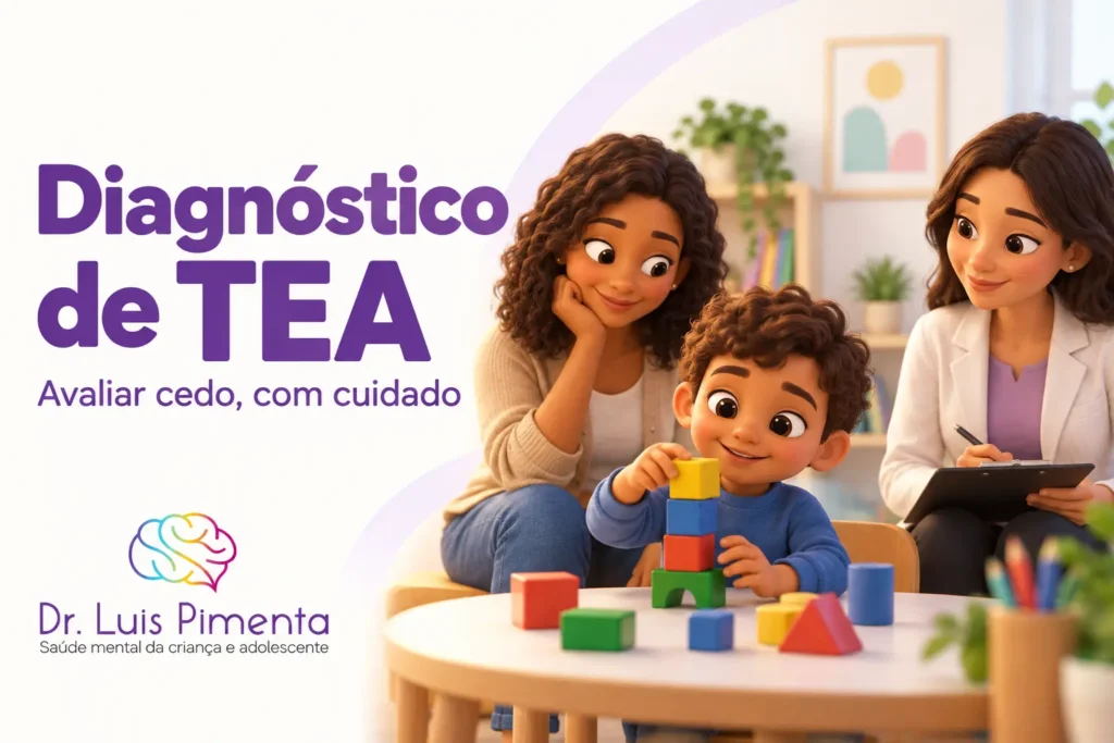 Diagnóstico de TEA. Ilustração 3D de uma criança brincando com blocos, acompanhada pela mãe e por uma profissional em uma sala de consulta.