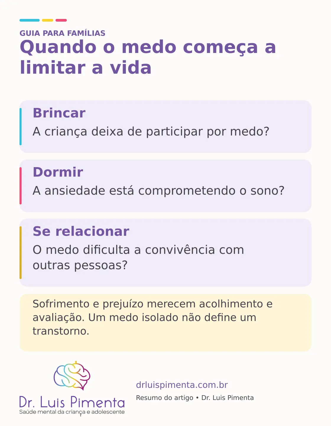 Quando o medo começa a limitar a vida. Brincar: A criança deixa de participar por medo? Dormir: A ansiedade está comprometendo o sono? Se relacionar: O medo dificulta a convivência com outras pessoas? Sofrimento e prejuízo merecem acolhimento e avaliação. Um medo isolado não define um transtorno.