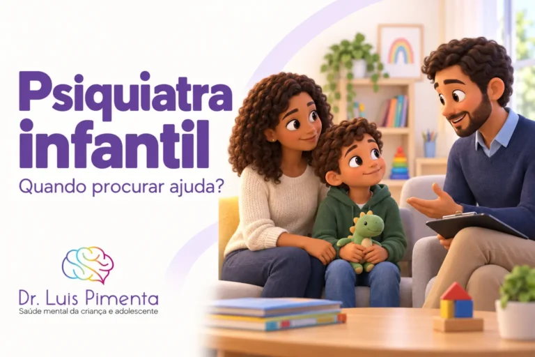 Psiquiatra infantil. Ilustração 3D de uma criança com um brinquedo, acompanhada pela mãe em uma conversa com um profissional de saúde.