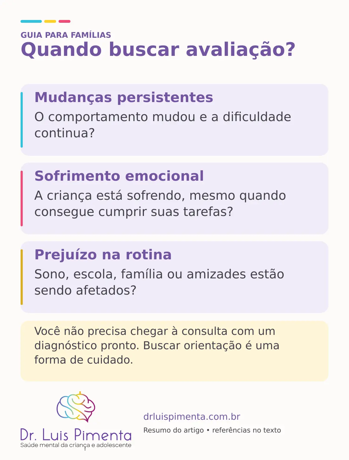 Quando buscar avaliação?. Mudanças persistentes: O comportamento mudou e a dificuldade continua? Sofrimento emocional: A criança está sofrendo, mesmo quando consegue cumprir suas tarefas? Prejuízo na rotina: Sono, escola, família ou amizades estão sendo afetados? Você não precisa chegar à consulta com um diagnóstico pronto. Buscar orientação é uma forma de cuidado.