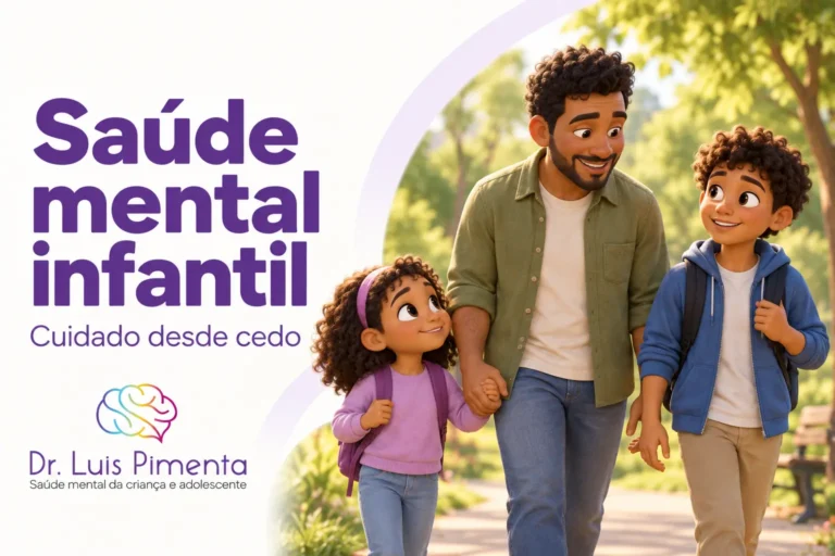 Saúde mental infantil. Ilustração 3D de um pai e duas crianças caminhando e conversando em um parque.