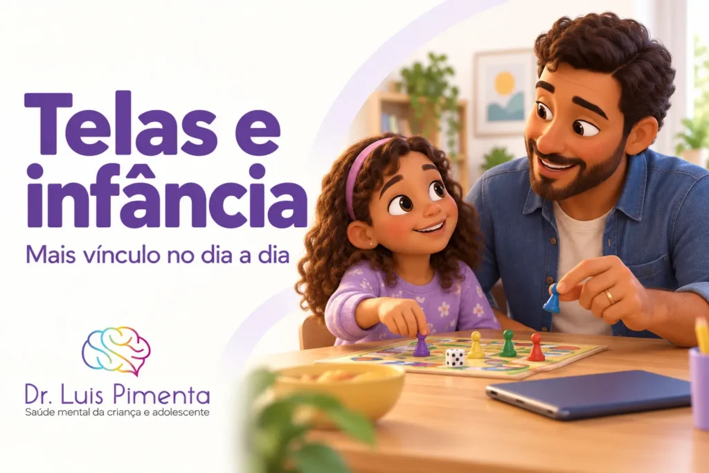 Telas e infância. Ilustração 3D de um pai e sua filha jogando um jogo de tabuleiro, com um tablet deixado de lado.