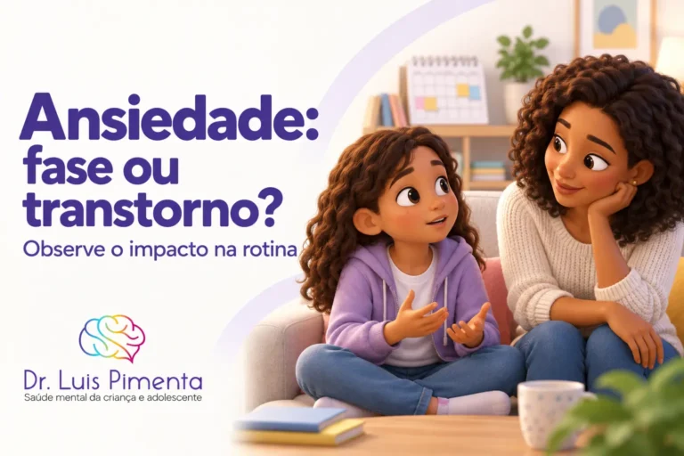 Ansiedade: fase ou transtorno?. Ilustração 3D de uma criança e sua mãe conversando no sofá, com um calendário ao fundo.