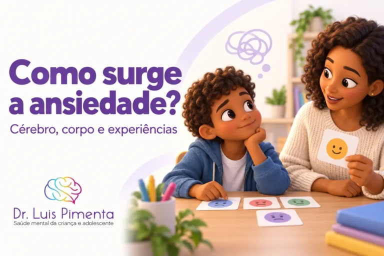 Como surge a ansiedade?. Ilustração 3D de um menino conversando com sua mãe sobre emoções, usando cartões com expressões faciais.