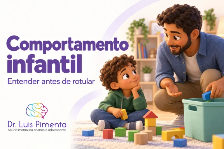 Comportamento infantil. Ilustração 3D de um pai conversando com o filho enquanto guardam blocos de brinquedo.