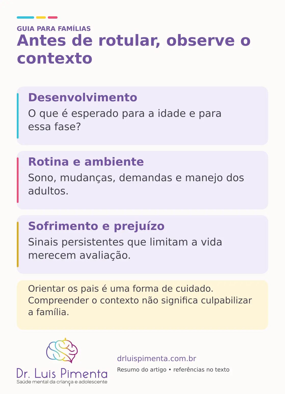 Antes de rotular, observe o contexto. Desenvolvimento: O que é esperado para a idade e para essa fase? Rotina e ambiente: Sono, mudanças, demandas e manejo dos adultos. Sofrimento e prejuízo: Sinais persistentes que limitam a vida merecem avaliação. Orientar os pais é uma forma de cuidado. Compreender o contexto não significa culpabilizar a família.
