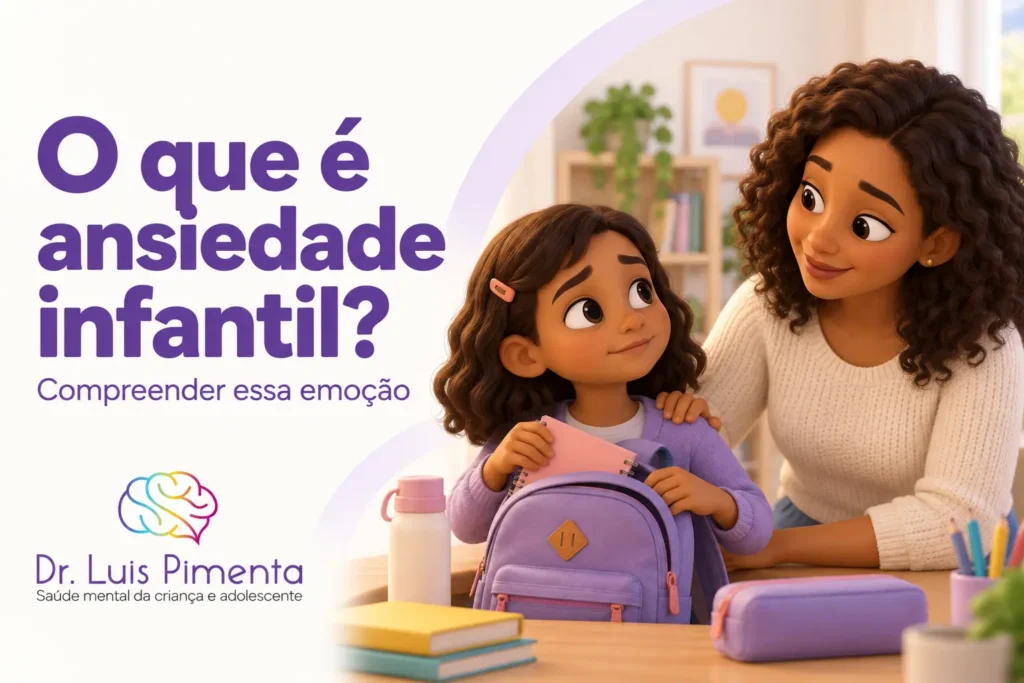 O que é ansiedade infantil?. Ilustração 3D de uma menina preparando a mochila escolar e conversando com sua mãe.