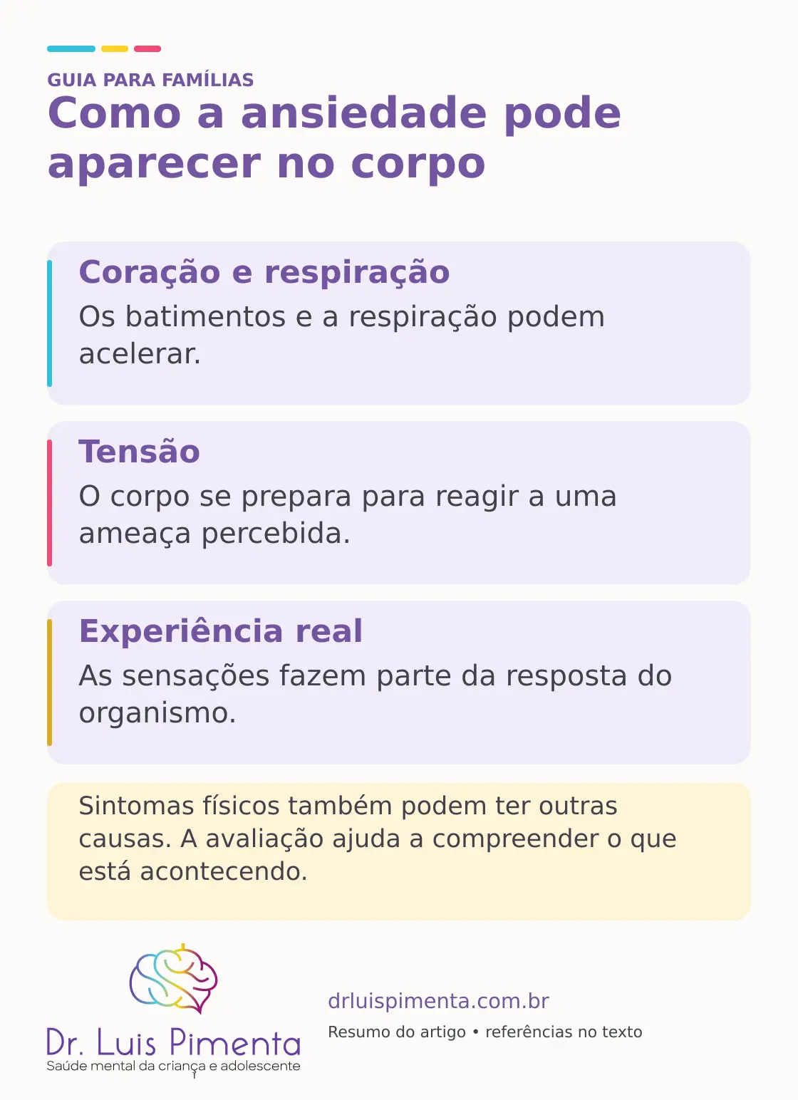 Como a ansiedade pode aparecer no corpo. Coração e respiração: Os batimentos e a respiração podem acelerar. Tensão: O corpo se prepara para reagir a uma ameaça percebida. Experiência real: As sensações fazem parte da resposta do organismo. Sintomas físicos também podem ter outras causas. A avaliação ajuda a compreender o que está acontecendo.