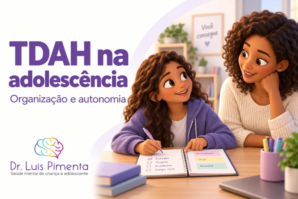Ilustração 3D de uma adolescente usando uma agenda de estudos ao lado de uma cuidadora, com o título TDAH na adolescência.