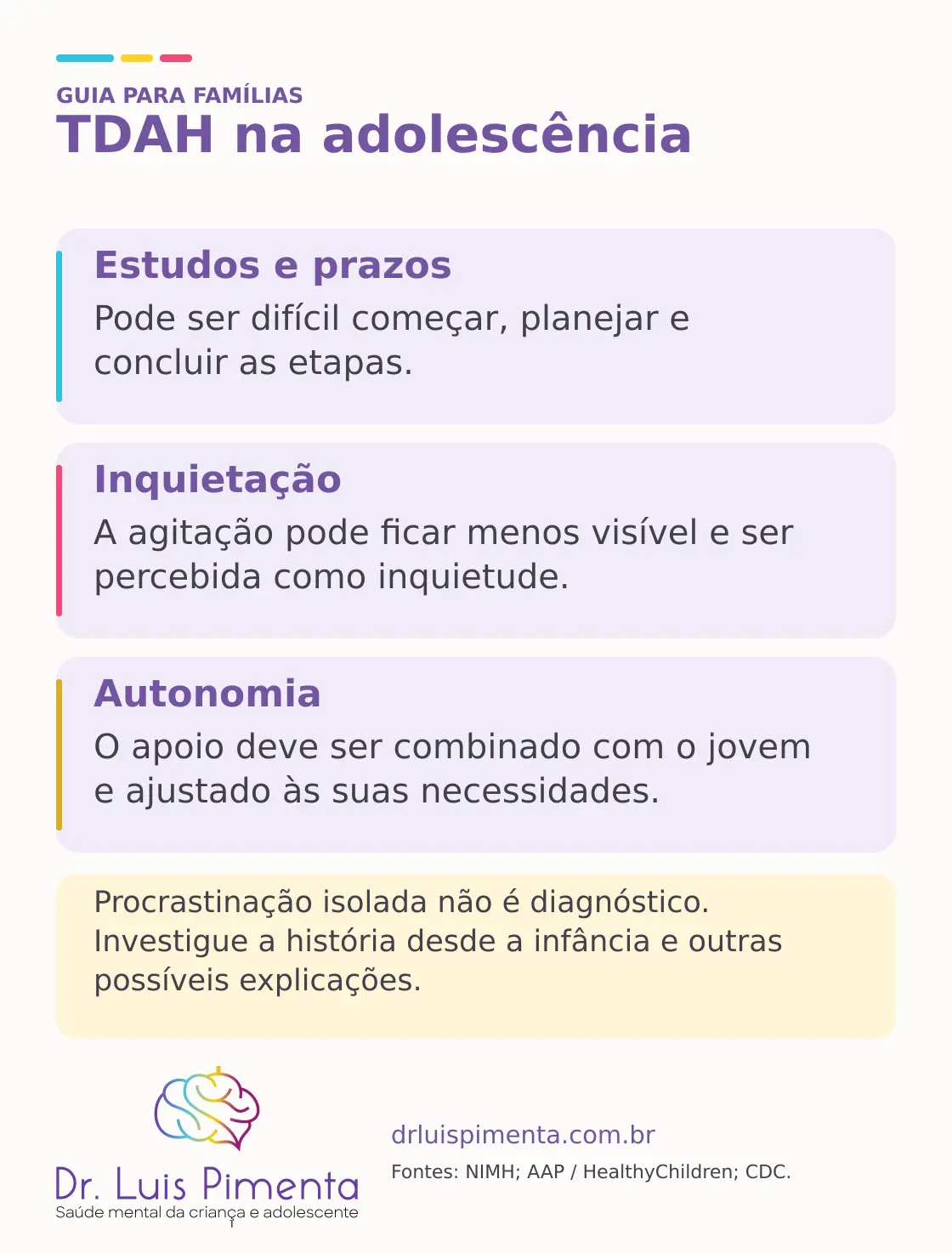 Resumo das manifestações possíveis do TDAH na adolescência, com foco em atenção, prazos, inquietação e construção de autonomia.