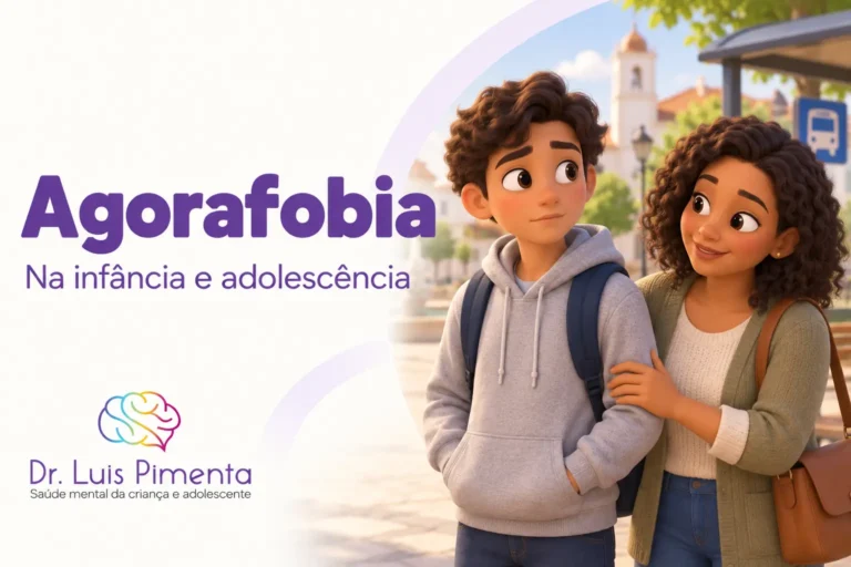 Agorafobia. Ilustração 3D de um adolescente e sua mãe próximos a um ponto de ônibus, em uma cena de acolhimento.