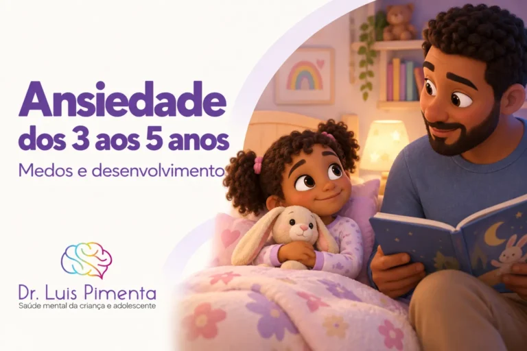 Ansiedade dos 3 aos 5 anos. Ilustração 3D de uma menina com um coelho de pelúcia ouvindo uma história contada pelo pai antes de dormir.