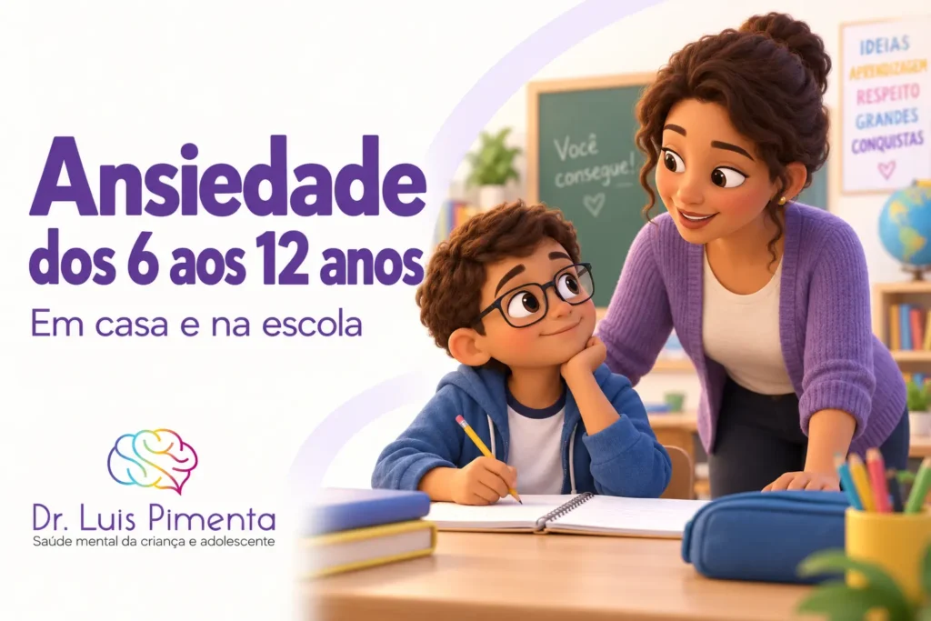 Ansiedade dos 6 aos 12 anos. Ilustração 3D de um menino de óculos realizando uma atividade escolar com o apoio da professora.
