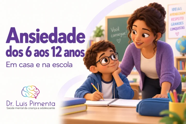 Ansiedade dos 6 aos 12 anos. Ilustração 3D de um menino de óculos realizando uma atividade escolar com o apoio da professora.