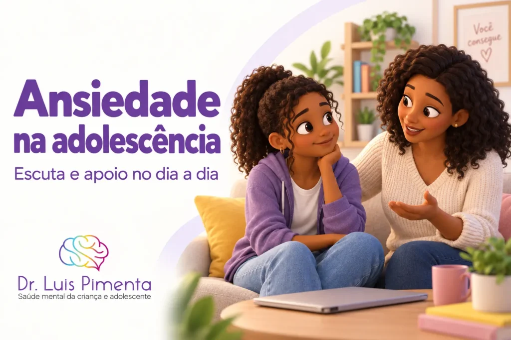 Ansiedade na adolescência. Ilustração 3D de uma adolescente e sua mãe conversando no sofá, com um computador fechado sobre a mesa.