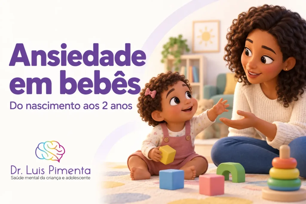 Ansiedade em bebês. Ilustração 3D de um bebê brincando com blocos no tapete e estendendo a mão para sua mãe.