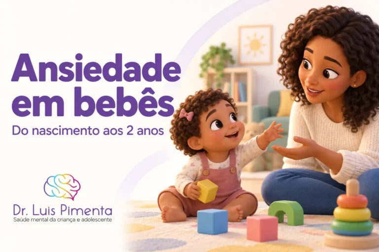 Ansiedade em bebês. Ilustração 3D de um bebê brincando com blocos no tapete e estendendo a mão para sua mãe.