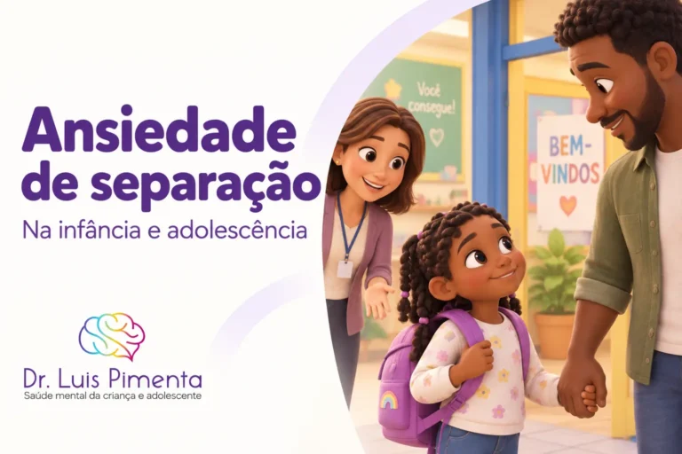 Ansiedade de separação. Ilustração 3D de uma menina de mochila segurando a mão do pai, com uma professora à espera na entrada da escola.