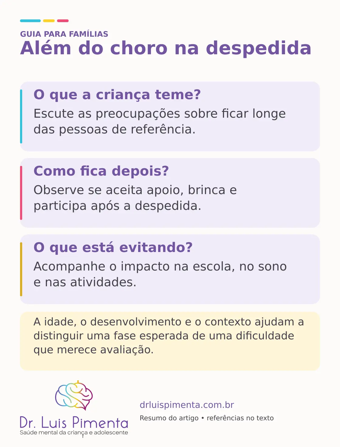 Além do choro na despedida. O que a criança teme?: Escute as preocupações sobre ficar longe das pessoas de referência. Como fica depois?: Observe se aceita apoio, brinca e participa após a despedida. O que está evitando?: Acompanhe o impacto na escola, no sono e nas atividades. A idade, o desenvolvimento e o contexto ajudam a distinguir uma fase esperada de uma dificuldade que merece avaliação.