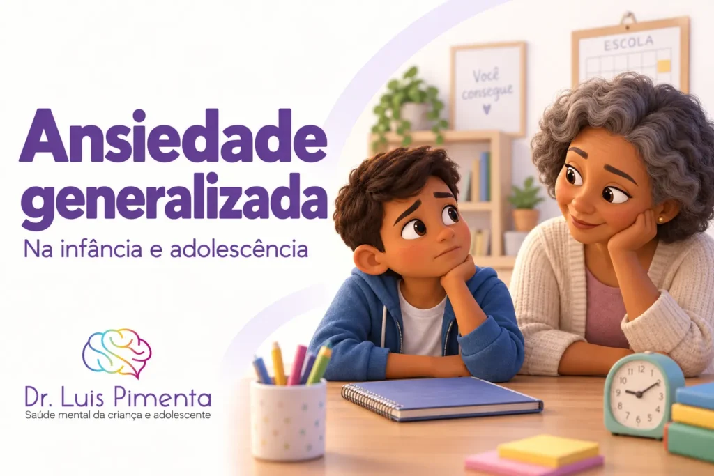 Ansiedade generalizada. Ilustração 3D de um menino preocupado conversando com a avó, com um caderno e um relógio sobre a mesa.