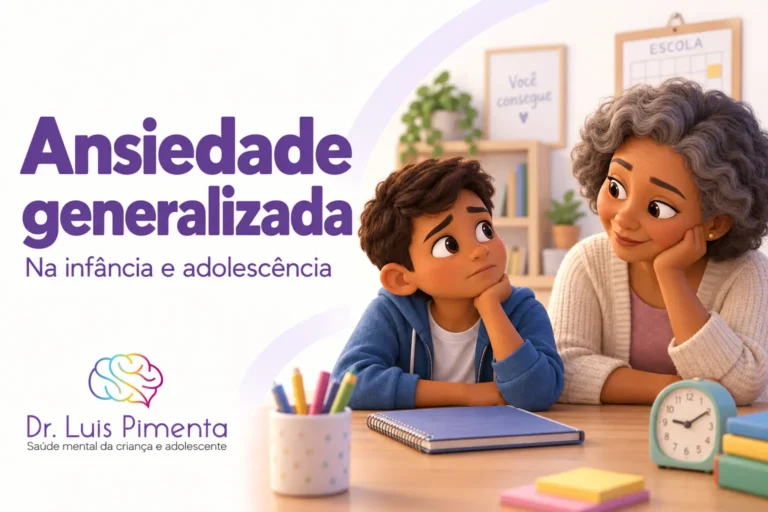 Ansiedade generalizada. Ilustração 3D de um menino preocupado conversando com a avó, com um caderno e um relógio sobre a mesa.