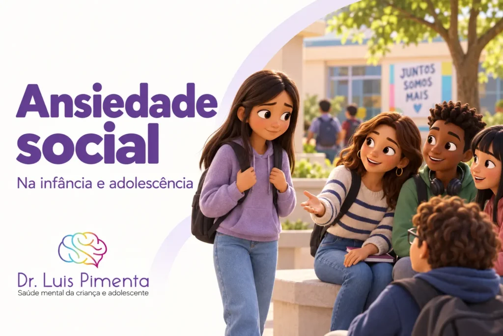 Ansiedade social. Ilustração 3D de uma adolescente sendo acolhida por colegas no pátio da escola.