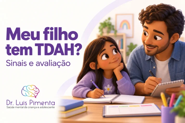 Meu filho tem TDAH? Ilustração 3D de uma menina e seu pai conversando sobre atividades da escola, com caderno e calendário sobre a mesa.