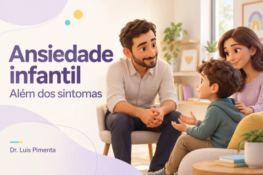 Ilustração 3D de profissional escutando uma criança acompanhada da mãe, com o título Ansiedade infantil: Além dos sintomas.