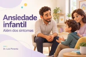 Ilustração 3D de profissional escutando uma criança acompanhada da mãe, com o título Ansiedade infantil: Além dos sintomas.