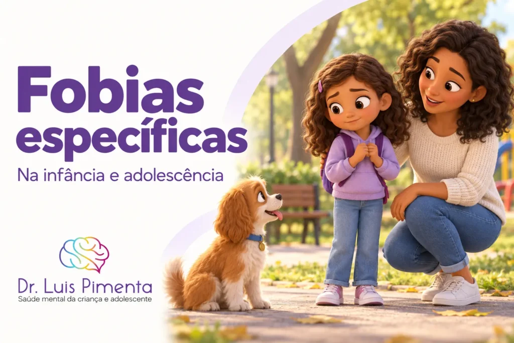 Fobias específicas. Ilustração 3D de uma menina observando um cachorro em um parque, acompanhada por uma adulta que oferece apoio.