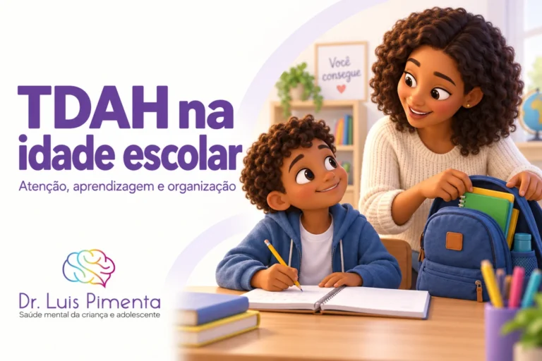 Ilustração 3D de uma criança em uma mesa de estudos, com apoio da mãe para organizar a mochila e o título TDAH na idade escolar.