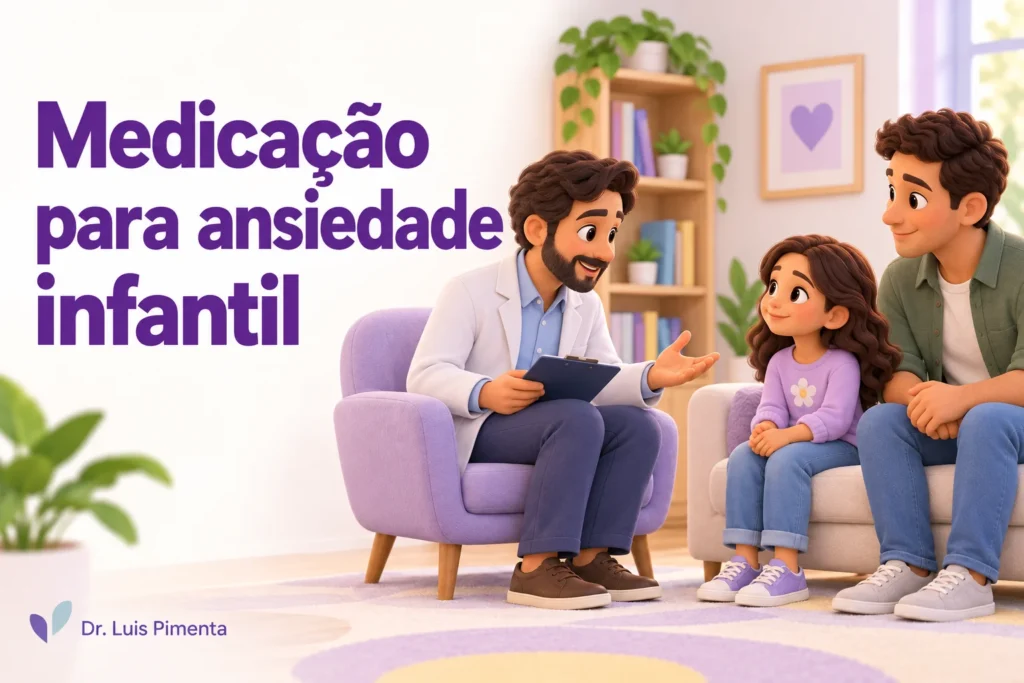 Medicação para ansiedade infantil: ilustração 3D de médico conversando com uma criança e seu pai.