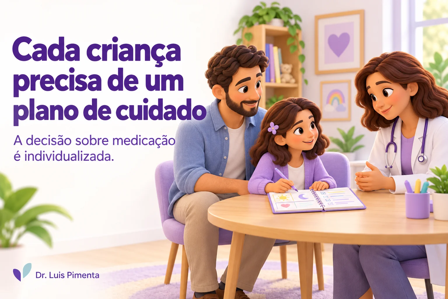 Ilustração 3D de criança e pai conversando com médica sobre um plano de cuidado individualizado para ansiedade.