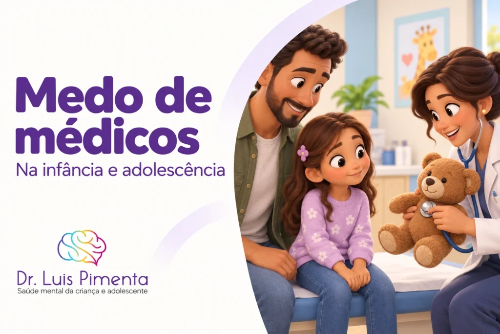 Médica demonstra o estetoscópio em um ursinho enquanto a criança observa ao lado do pai.