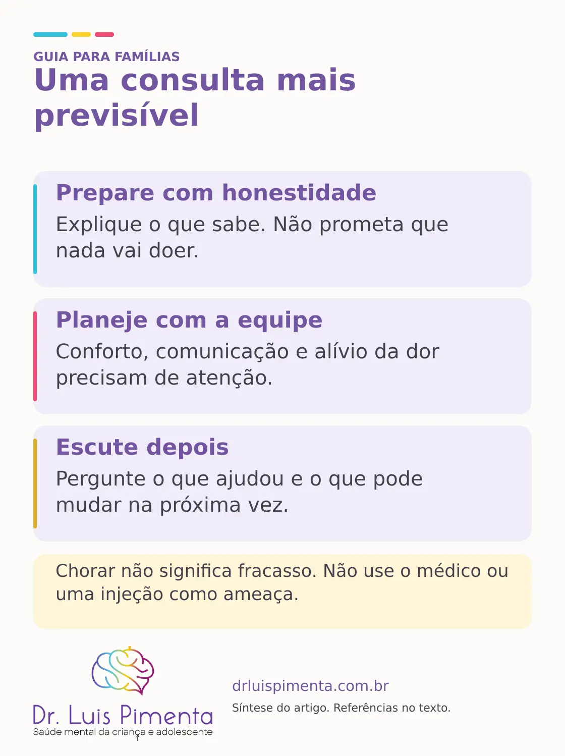 Uma consulta mais previsível. Prepare com honestidade: Explique o que sabe. Não prometa que nada vai doer. Planeje com a equipe: Conforto, comunicação e alívio da dor precisam de atenção. Escute depois: Pergunte o que ajudou e o que pode mudar na próxima vez. Chorar não significa fracasso. Não use o médico ou uma injeção como ameaça.