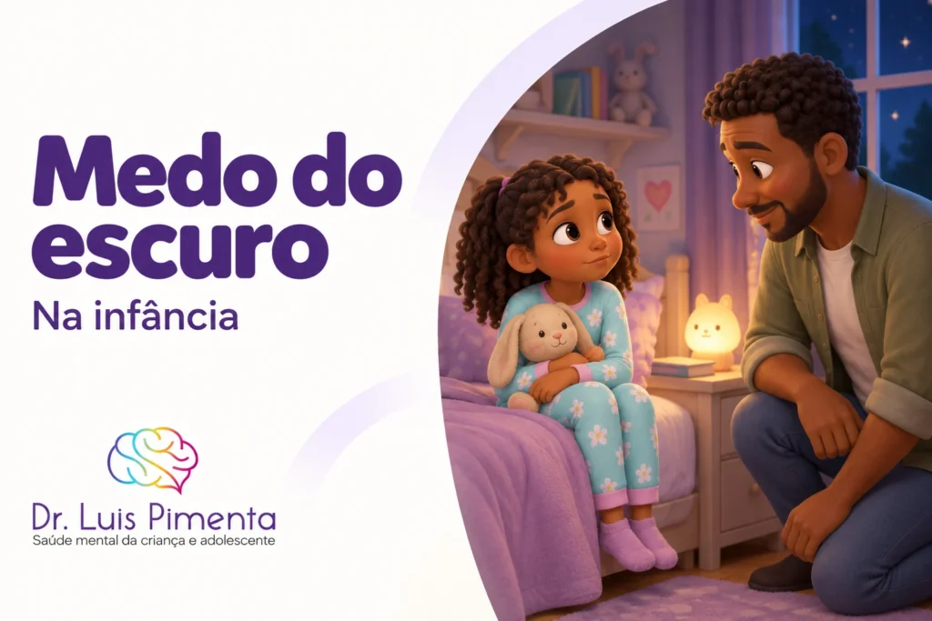 Medo do escuro na infância: ilustração 3D de menina com o pai, ao lado de uma luz noturna suave.