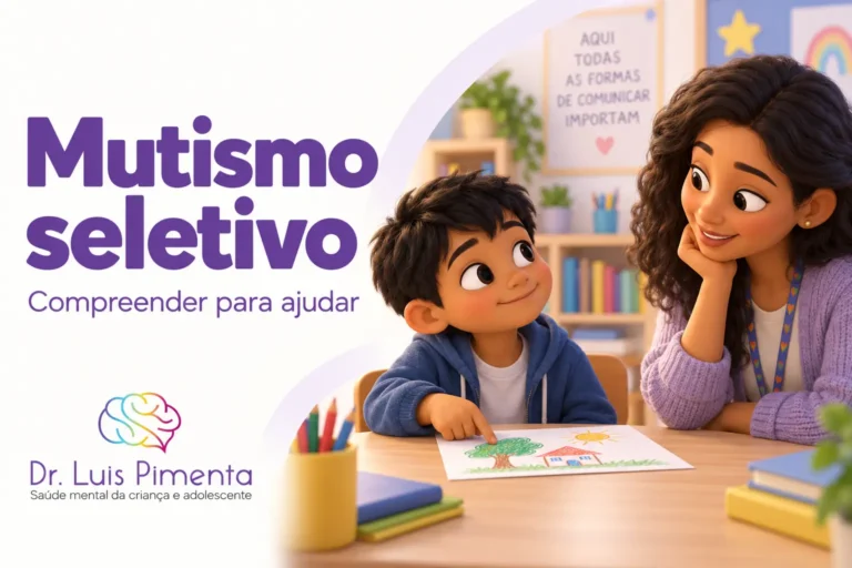 Mutismo seletivo. Ilustração 3D de um menino apontando para seu desenho enquanto uma professora o acolhe na sala de aula.