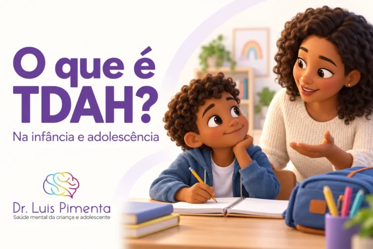 O que é TDAH? Ilustração 3D de uma criança com caderno e mochila, recebendo apoio de sua mãe durante uma atividade em casa.