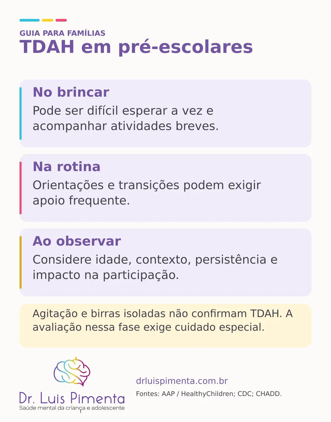 Resumo de possíveis manifestações do TDAH na pré-escola e dos cuidados para interpretar esses sinais.