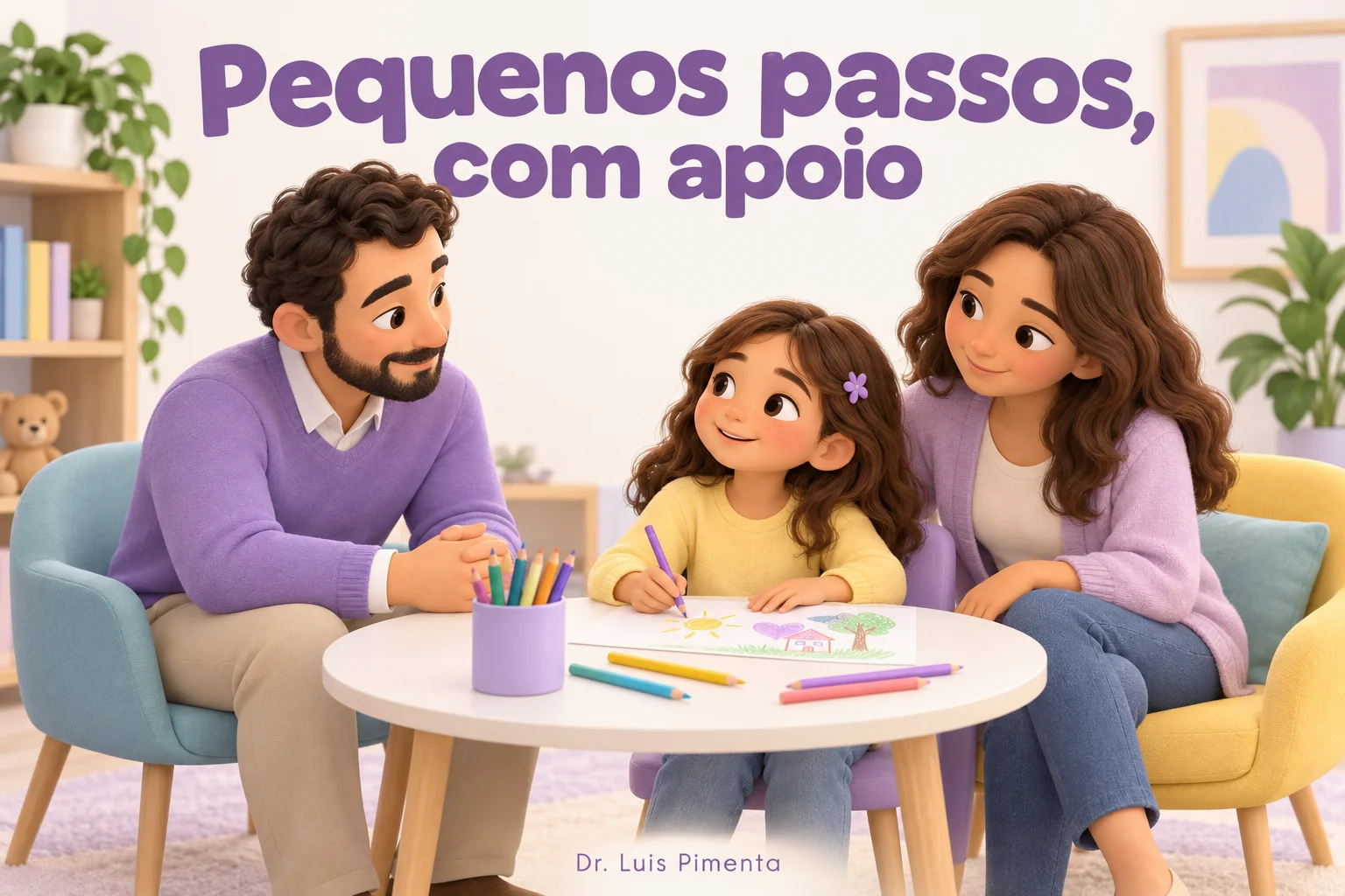 Ilustração de uma criança desenhando em sessão de psicoterapia, acompanhada pela mãe e pelo terapeuta.