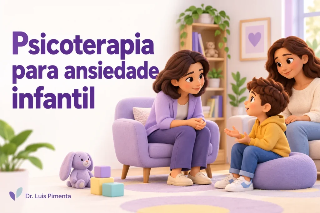 Psicoterapia para ansiedade infantil: terapeuta conversa com uma criança acompanhada pela mãe.