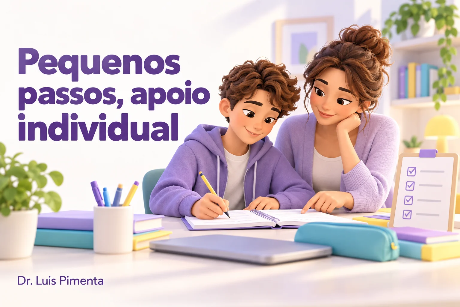 Adolescente realiza uma tarefa com apoio da mãe, em ilustração 3D.