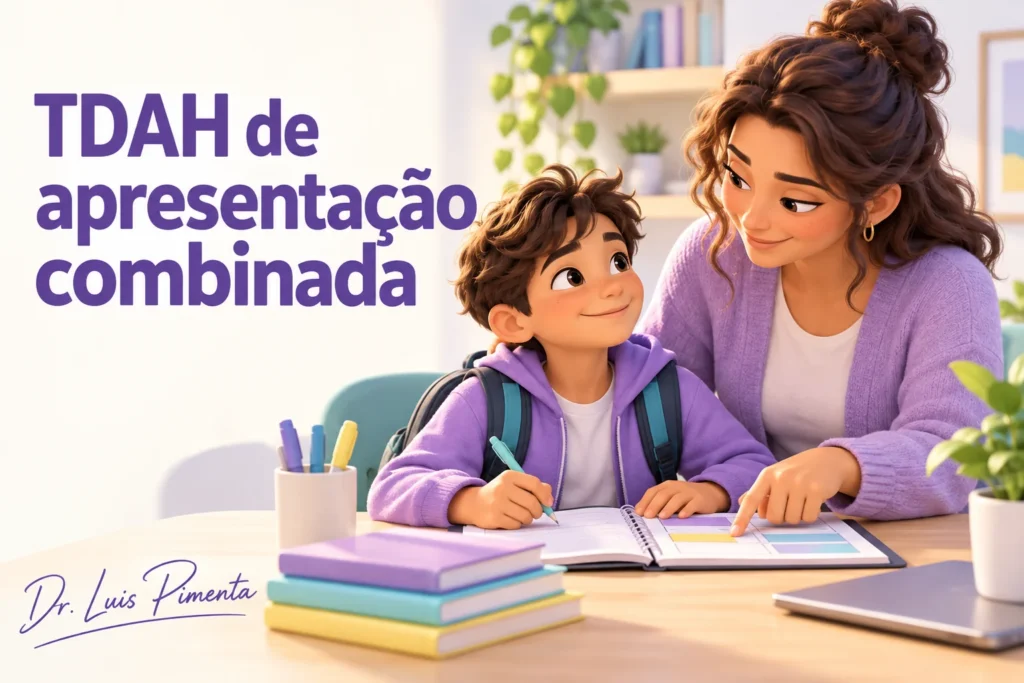 Criança e mãe organizam uma atividade; capa sobre TDAH de apresentação combinada.