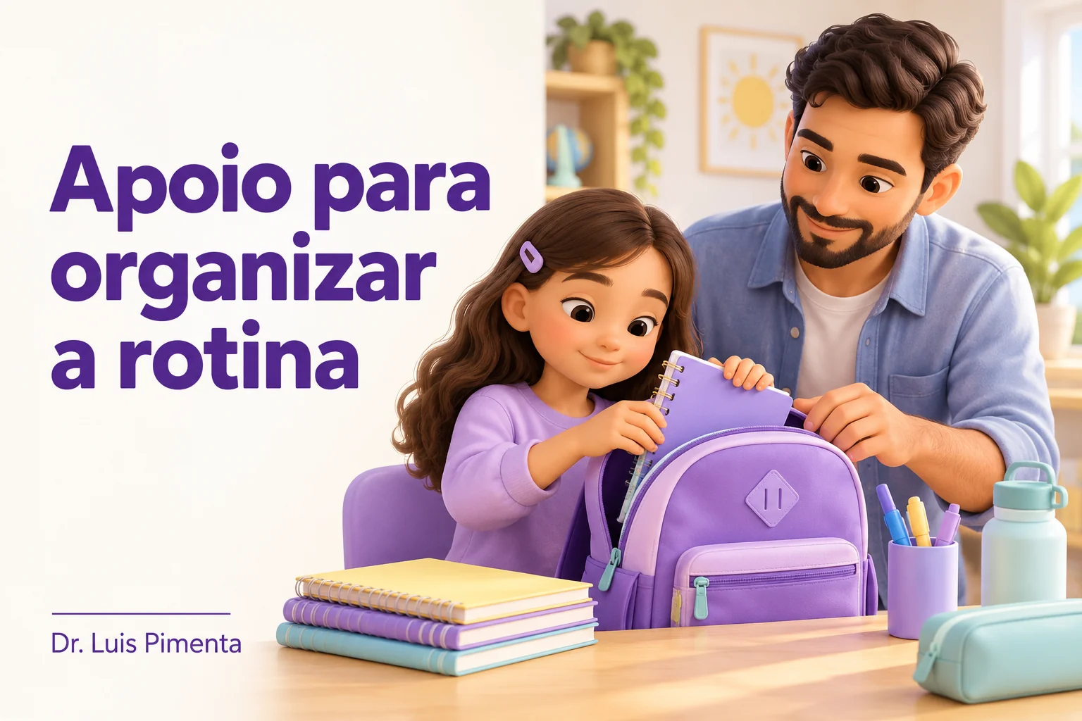 Pai ajuda a filha a organizar cadernos e mochila escolar.