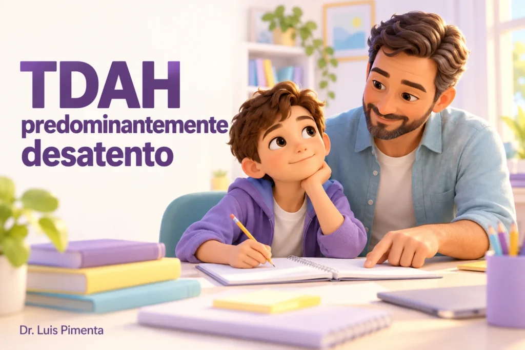 Pai acompanha criança durante a tarefa; capa sobre TDAH predominantemente desatento.