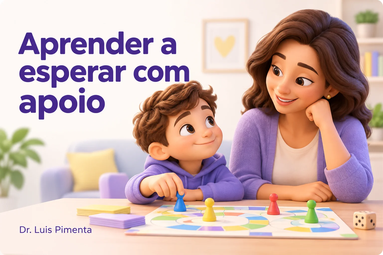 Mãe e criança praticam esperar a vez em um jogo de tabuleiro.