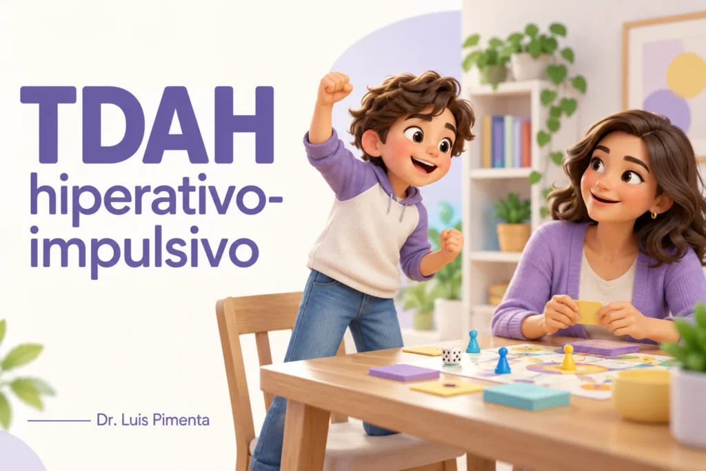 Criança se movimenta durante um jogo com a mãe; capa sobre TDAH hiperativo-impulsivo.