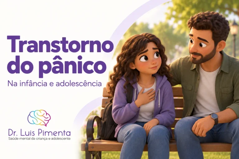 Transtorno do pânico. Ilustração 3D de uma adolescente com a mão sobre o peito, sentada em um banco com seu pai ao lado oferecendo apoio.