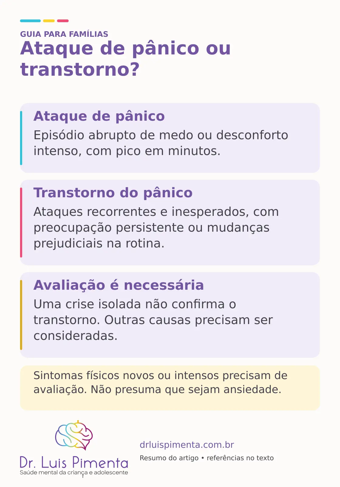 Ataque de pânico ou transtorno?. Ataque de pânico: Episódio abrupto de medo ou desconforto intenso, com pico em minutos. Transtorno do pânico: Ataques recorrentes e inesperados, com preocupação persistente ou mudanças prejudiciais na rotina. Avaliação é necessária: Uma crise isolada não confirma o transtorno. Outras causas precisam ser consideradas. Sintomas físicos novos ou intensos precisam de avaliação. Não presuma que sejam ansiedade.